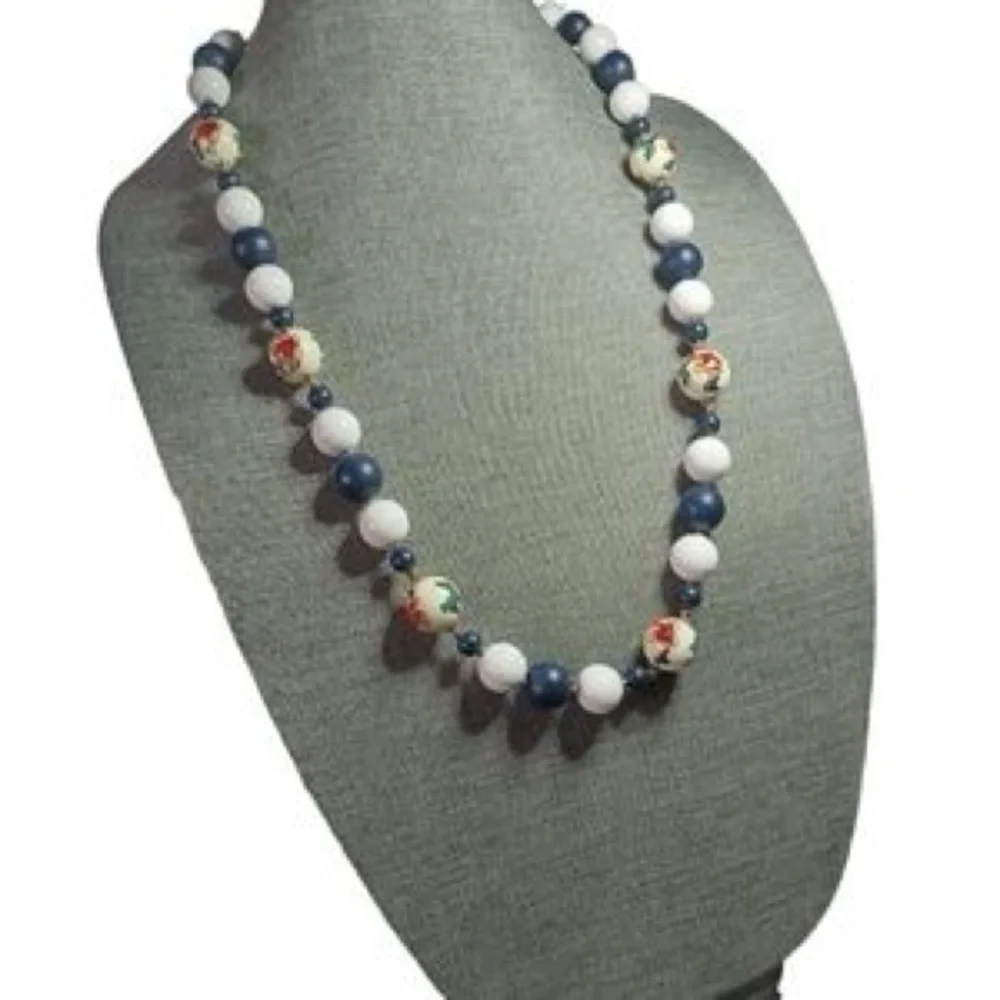 Folk Art-Cloisonne Vintage Beaded Painted Japan Necklace & Earring Set